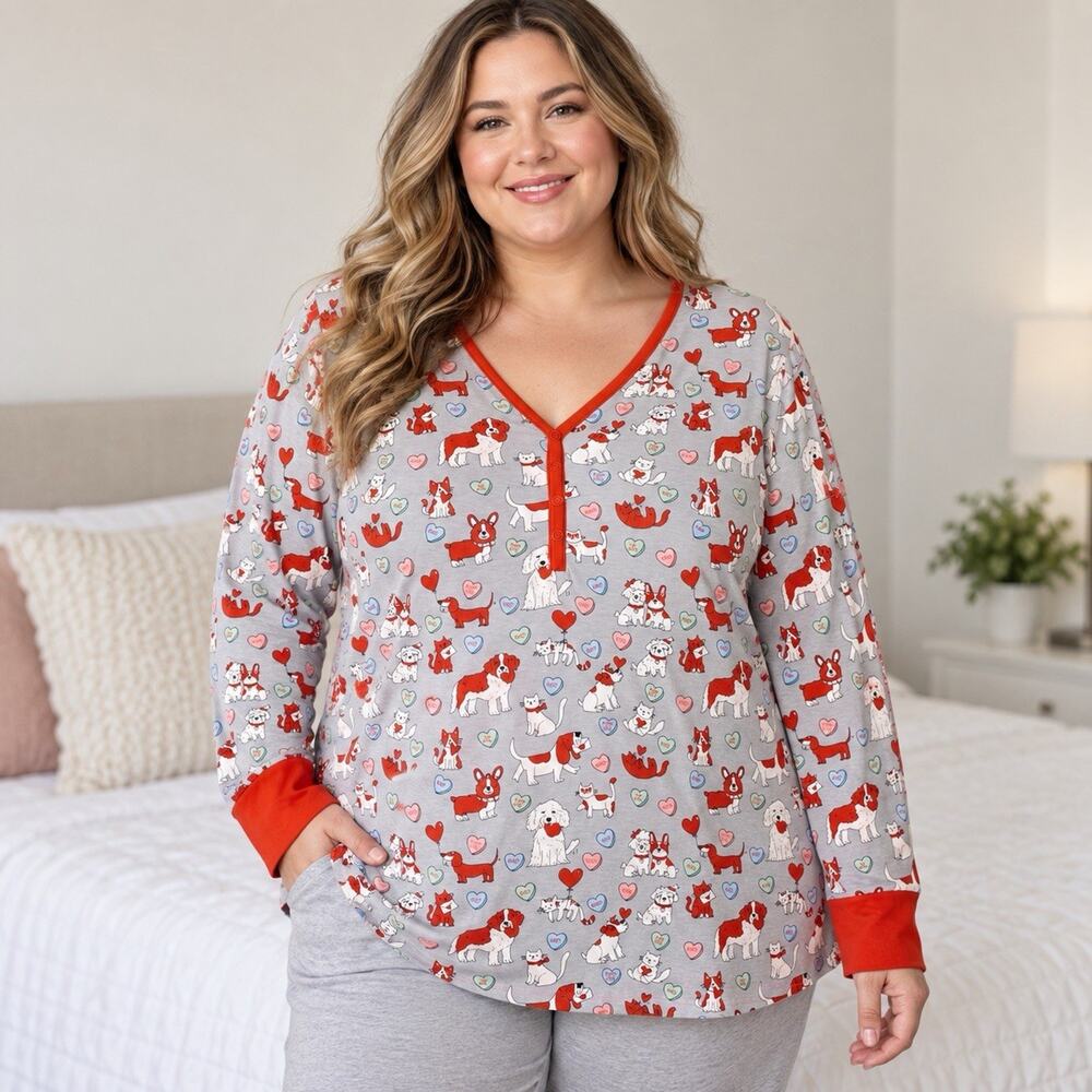 Little Sleepies Womens 3XL Puppy Love Bamboo Pajama Top Dogs Cats Valentine